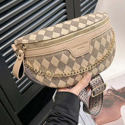 Rhombic Lattice Female Sling Waist Pack Fashion Chain Sports Satchel Casual PU Leather Portable Wide Strap for Weekend Vacation