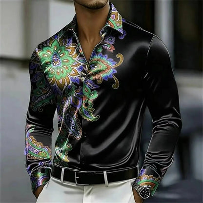 Men's Satin Paisley Printed Shirt Luxury Glossy Long Sleeve Casual Button Down Dress Shirts Nightclub Party Wear