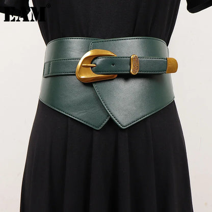 [EAM] Pu Leather Black Irregular Vintage Wide Belt Personality Women New Fashion Tide All-match Spring Autumn 2025 1DJ0855
