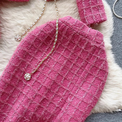 Modphy Autumn Fashion Rose Red Woolen Two Piece Set Women Golden Button Chain Belt Tweed Short Jacket Coat+Split Midi Skirt Suit