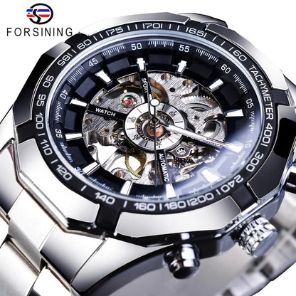 Forsining 2021 Stainless Steel Waterproof Mens Skeleton Watches Top Brand Luxury Transparent Mechanical Sport Male Wrist Watches - Kimlud