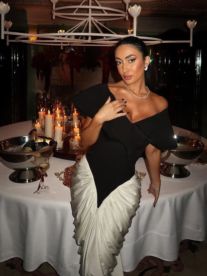 ibber Contrast Patchwork Long Dress Woman Off Shoulder Backless Skinny High Waist Midnight Club Party Ruched Elegant Clothing