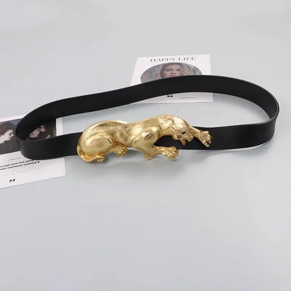 Women's Fashion Black Genuine Leather Gold Leopard corset Female Cummerbund Coat Waistband Dress Decration Wide Belt J005