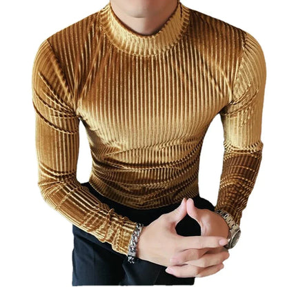 New Gold Velvet T Shirt Men Clothing Fashion Trend Male Luxury Prom Party Long-sleeved Striped Pullover Tops Homme - Kimlud