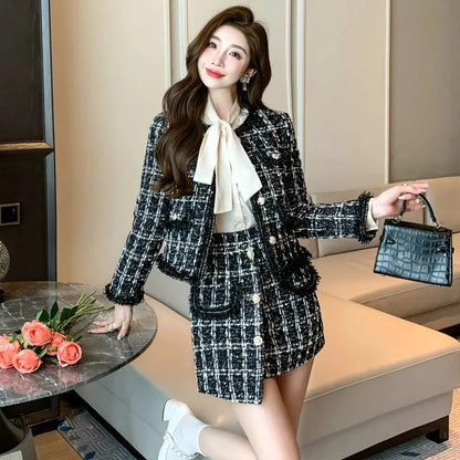 2025 Autumn Winter New Chic Two-Piece Skirt Women's Fashion Loose Burrs Elegant Sweet Tweed Jacket+Skirt Female Two-Piece Suit