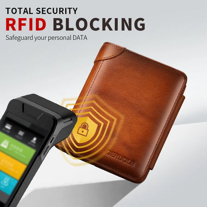 Men’s compact, high-capacity genuine leather wallet; top-grain cowhide wallet with multiple card slots; RFID protection