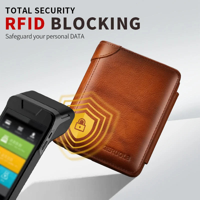 Men’s compact, high-capacity genuine leather wallet; top-grain cowhide wallet with multiple card slots; RFID protection
