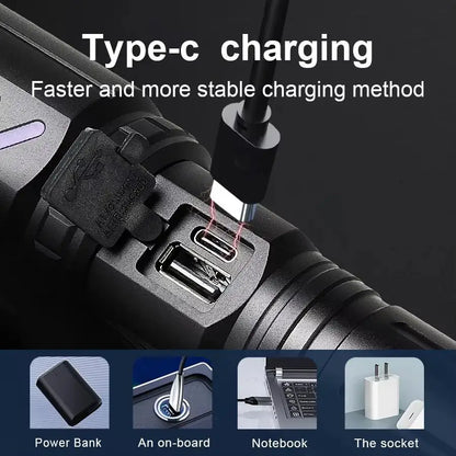 Most Powerful 200000LM Tactical Flashlight Firestarter High Power Led Flashlight Type-C Rechargeable Torch Laser Pointer Outdoor