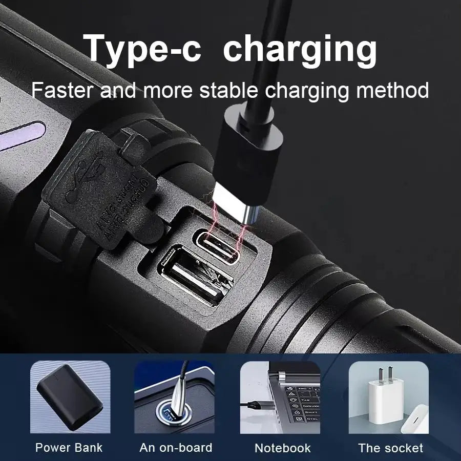 Most Powerful 200000LM Tactical Flashlight Firestarter High Power Led Flashlight Type-C Rechargeable Torch Laser Pointer Outdoor