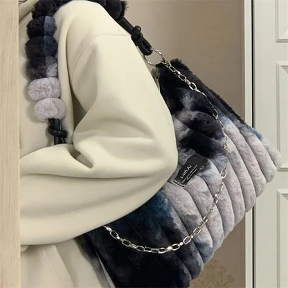 Women's Large Plush Tote Bag with Crossbody/Handheld Carry Soft Striped Plush Exterior Cozy Handbag for, Travel, Everyday Use