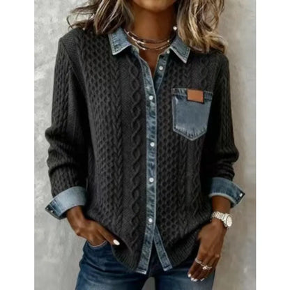 Women knit Denim Shirt Coat Overshirt Vintage Blouse Single Breasted Turn Down Collar Pockets Washed 2025 Office Lady Top Jacket - Kimlud