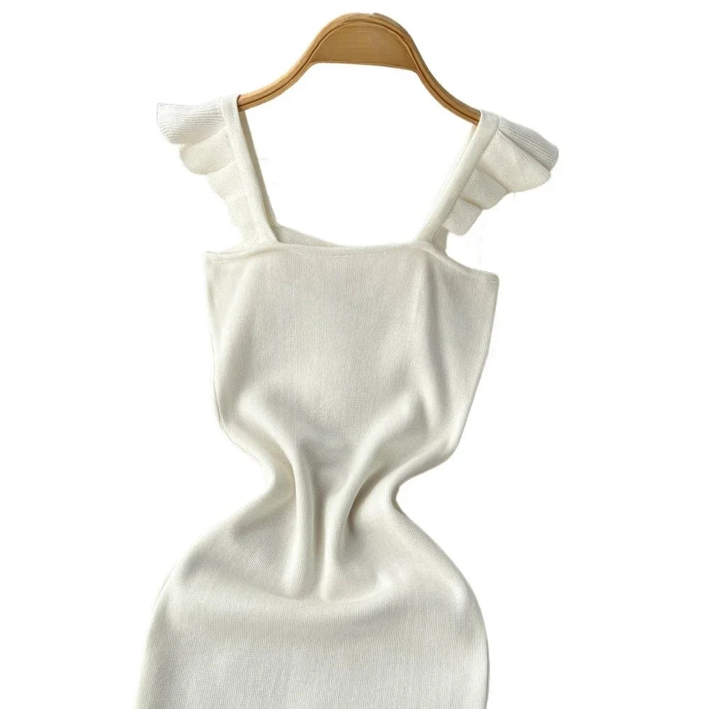 Women's Square Neck Ruffle Strap Sleeveless Side Slit Stretchy Ribbed Knit Bodycon Maxi Dress Party Wedding Long Dress Outfits