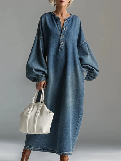 Long Dress Women Denim Dresses Single-breasted V Neck Robe Streetwear Casual Lantern Sleeve Long Sleeve Maxi Dress Vestidos - Kimlud