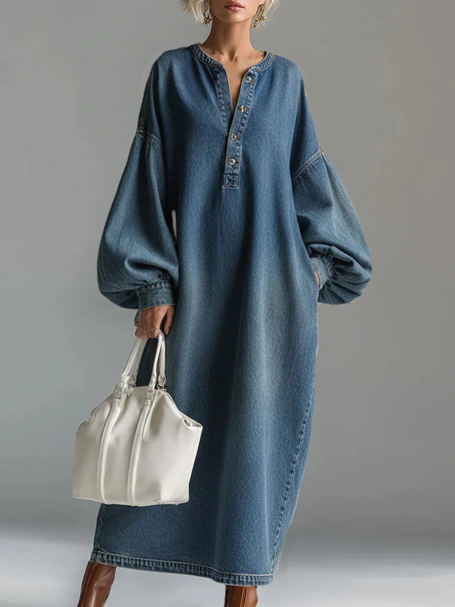 Long Dress Women Denim Dresses Single-breasted V Neck Robe Streetwear Casual Lantern Sleeve Long Sleeve Maxi Dress Vestidos - Kimlud