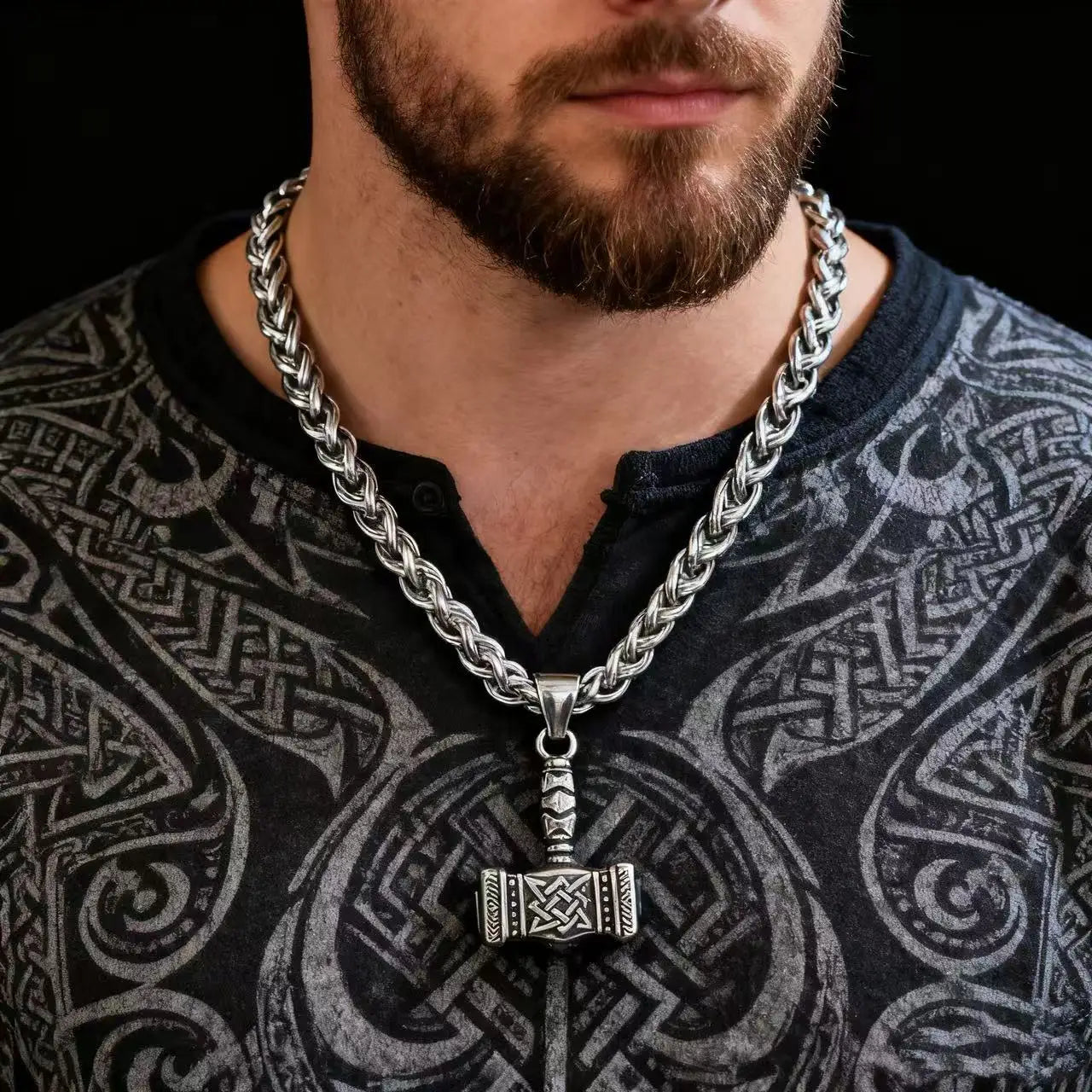 HNSP 316L Stainless Steel Norse Mythology Mjolnir Odin Rune Thor Hammer Pendant Necklace For Men Gift Viking Jewelry Accessories