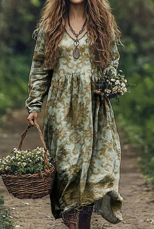 Boho Vintage Print Long Dresses For Women 2025 Casual V Neck Full Sleeve Splice High Waist Loose Dress Autumn Fashion Vestidos - Kimlud
