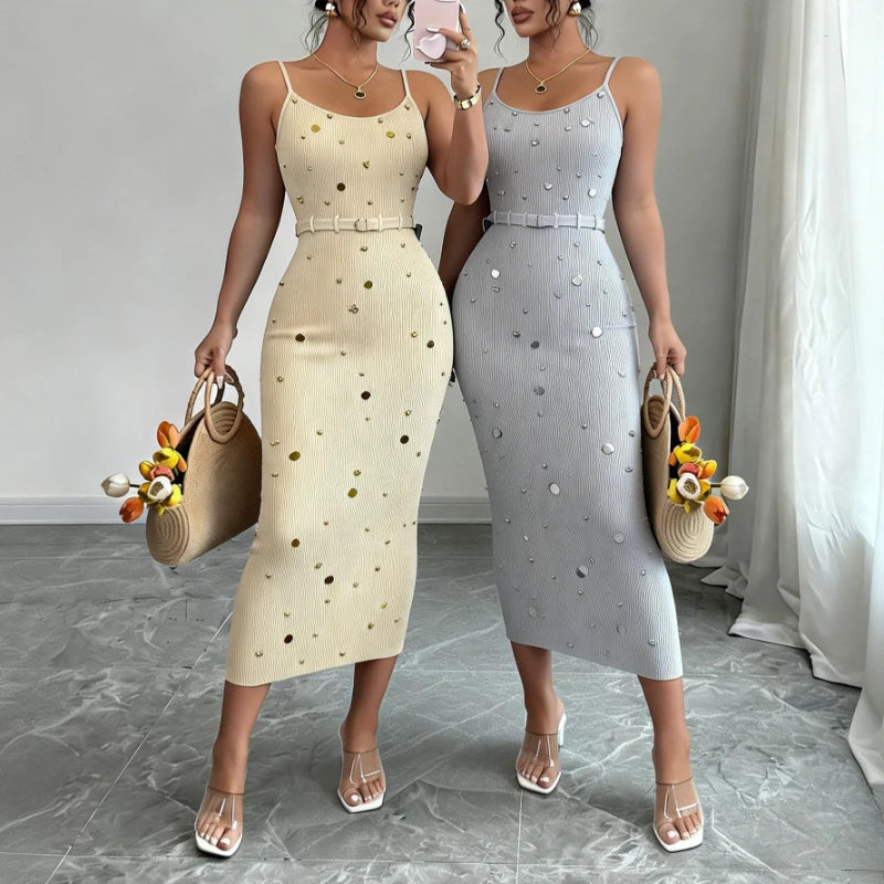 Women's Beige Spaghetti Strap Square Neck Gold Dot Embellished Belted Stretchy Knit Bodycon Maxi Dress Elegant Party Long Dress - Kimlud
