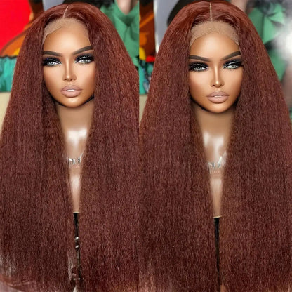 13X4 Reddish Brown Kinky Straight Lace Frontal Wig Human Hair Auburn Copper Yaki Straight 4x4 Transparent Lace Closure...