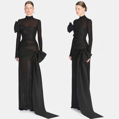 Customized Simple Chiffon Bow Evening Dress Exquisite High Collar Prom Dresses Temperament Long Sleeves Special Occasion Gowns
