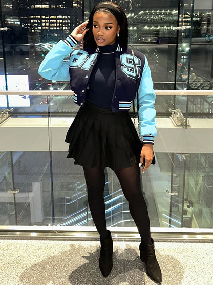 Nibber Sporty Jacket Woman Contrast Patchwork Baseball Autumn Trend Letter Print Single-Breasted Full Sleeve Casual Style Coats