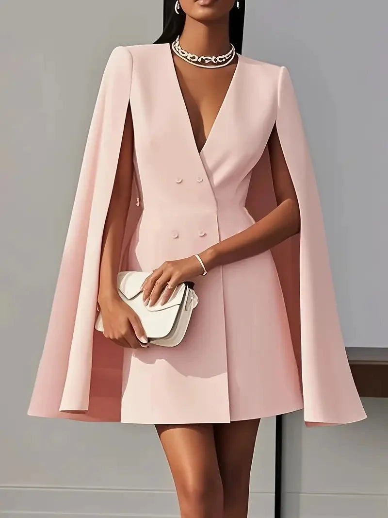 Women's Double Breasted Shawl Cape Suit Dress - Solid Color V-Neck Mini Dress with Open Back Sleeves | Kimlud Office...