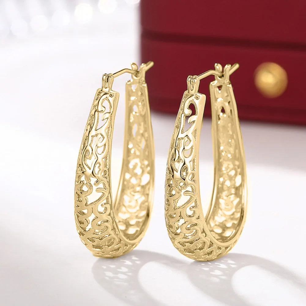 Retro Hollow Carved Scroll Filigree Teardrop Shape Hoop Earrings Oval Loop Earrings for Women Bohemian Party Statement Jewelry