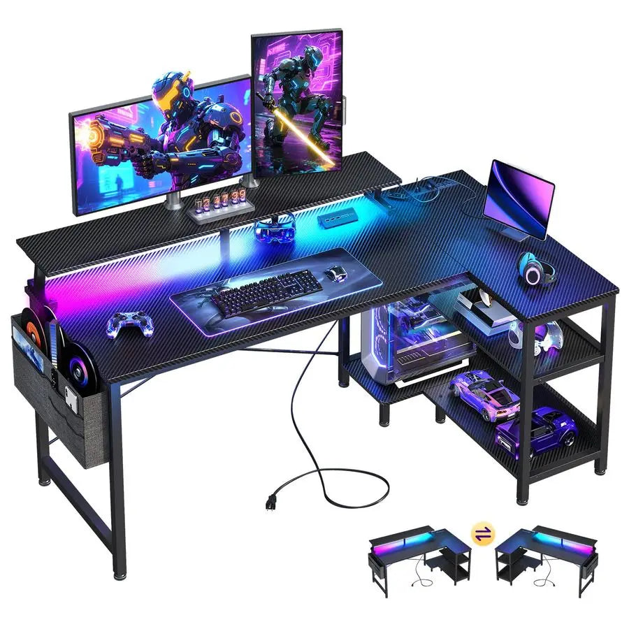 48 Inch Gaming Desk with USB Charging Ports and LED Lights, Reversible L Shaped Computer Desk with Storage Shelves amp Monitor