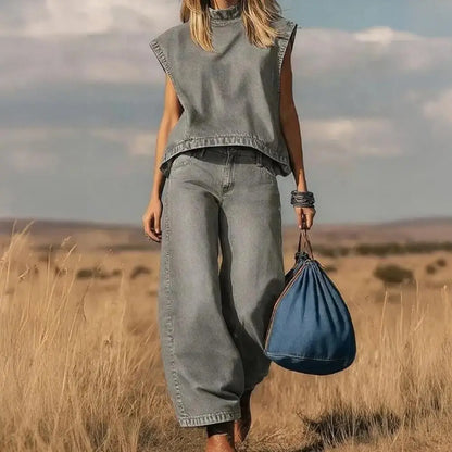 Office Casual Women Outfit Ladies' Summer Vintage Washed Denim Sleeveless Set Straight Leg Casual Pants OL Commuting Set - Kimlud