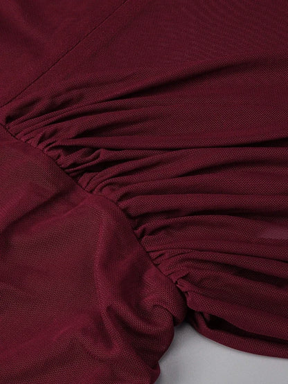 Sexy Long Sleeve O Neck Pleated Draped Long Dress Women Burgundy Mesh Patchwork Folds Slim Runway Celebrity Evening...