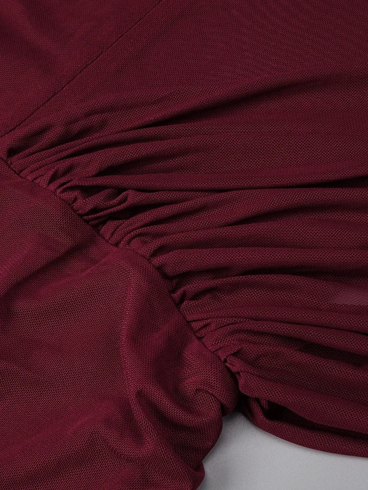 Sexy Long Sleeve O Neck Pleated Draped Long Dress Women Burgundy Mesh Patchwork Folds Slim Runway Celebrity Evening...