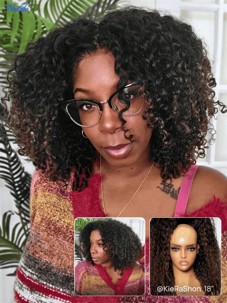 Nadula Burmese Curly Glueless Wig with Finger Coils End Chestnut Brown Ombre 7x5 Pre Cut HD Transparent Lace Pre...