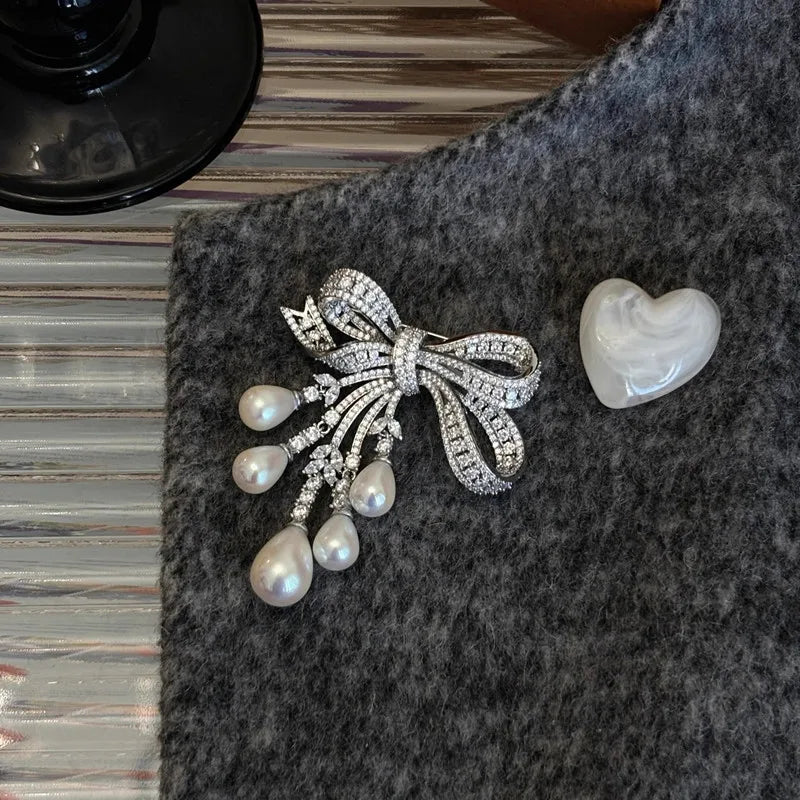 Luxury Zircon Pearl Bowknot Tassel Fashion Brooch Pins For Women Creative New Handmade Brooches - Kimlud