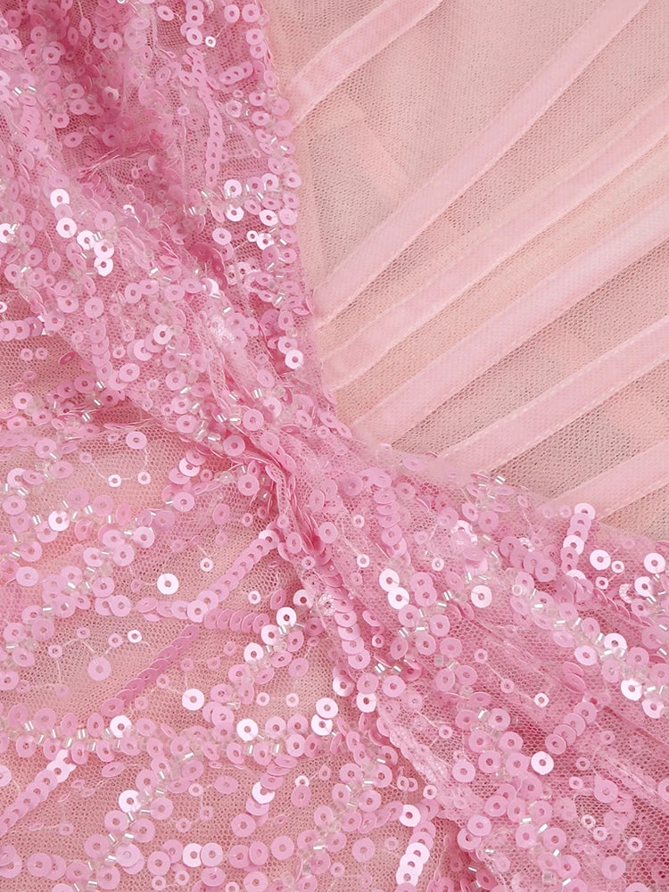 VC Sparkling Pink Off-Shoulder Sequins Dress with Dramatic High Slit for Party Prom Evening Gown