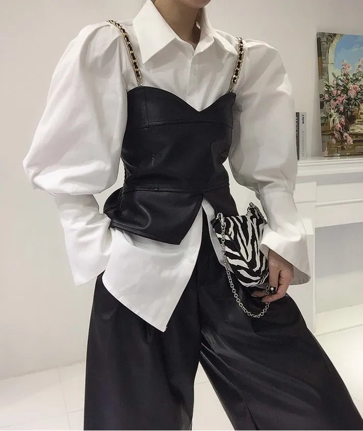 Spring Loose Bubble Sleeved Shirt Y2k White Shirts Women Chain PU Leather Vest Top Blusas Mujer De Moda 2024 Casual 2 Sets - Kimlud