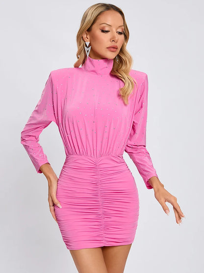 VC Chic Hot Pink High Neck Long Sleeve Mini Dress with Sparkling Rhinestone Embellishments and Ruched Detailing