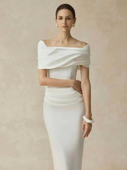 DEAT Elegant Dress Slash Neck Pleated Back Split Slim Hip Warp Long Women's Evening Party Dresses 2026 Winter New Tide...