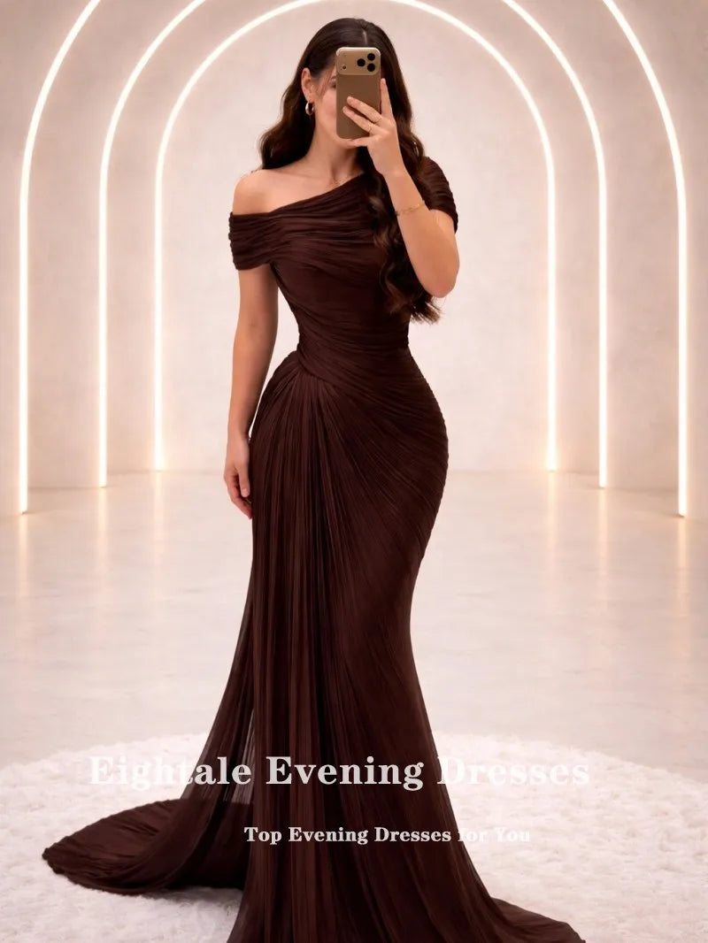 Eightale Evening Dresses One Shoulder Pleats Floor Length Customized Crepe Champagne Mermaid Prom Party Gown vestido de fiesta