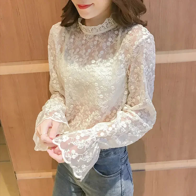 Blouse Women Women's Lace Shirt Lace Collar Top Autumn and Winter Mesh Blusas Ropa De Mujer