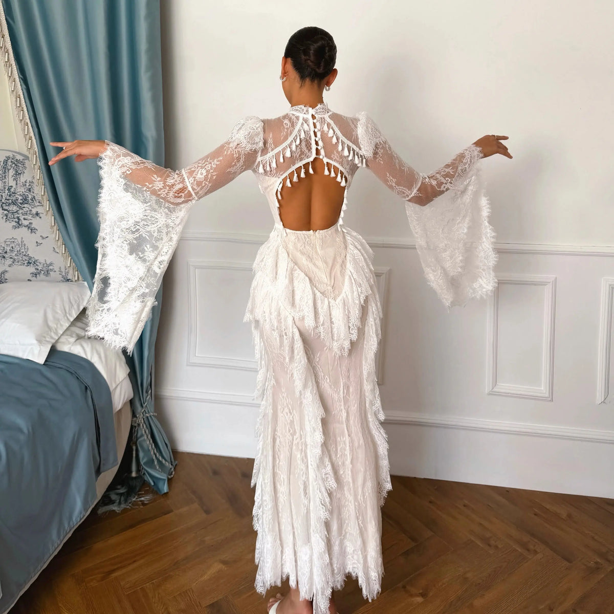 Ofherown White Lace Long Sleeve Maxi Dress Women High Neck Ruffle Prom Dress Elegant Formal Evening Gown 2026