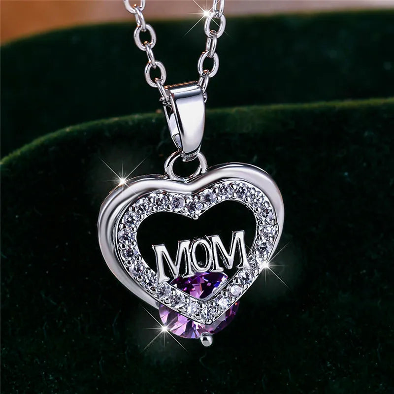 Crystal Luxury White Zircon Stone Heart Mom Letter Pendant Necklace Vintage Wedding Jewelry For Women Mother's Day Gift...