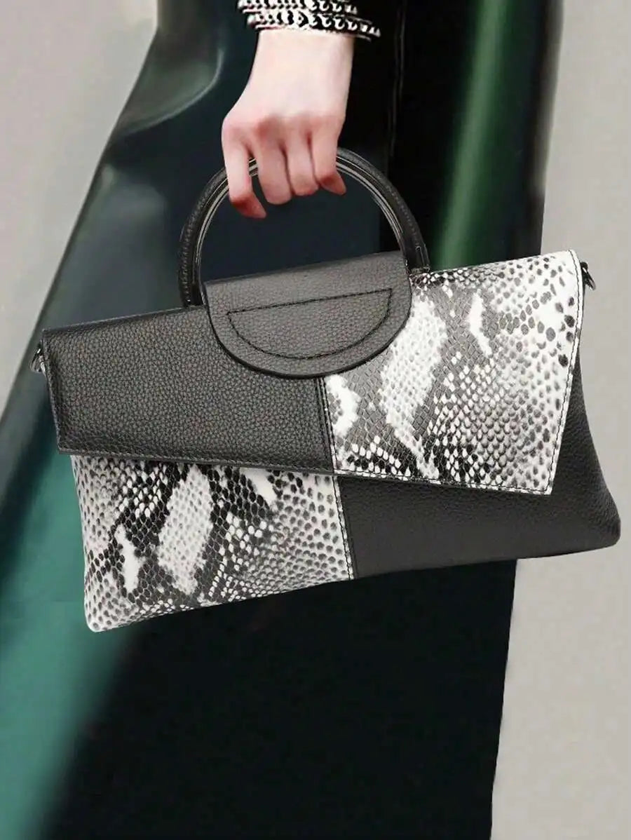 Black PU Croc-Texture Patchwork Clutch with Top Handle for Evening Events