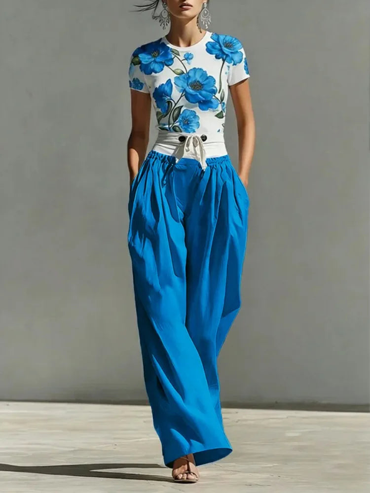 Yeezzi Women's Elegant Blue Floral Printed Matching Tops 2026 New Short Sleeves Round-Neck Slim Fit Casual Summer...