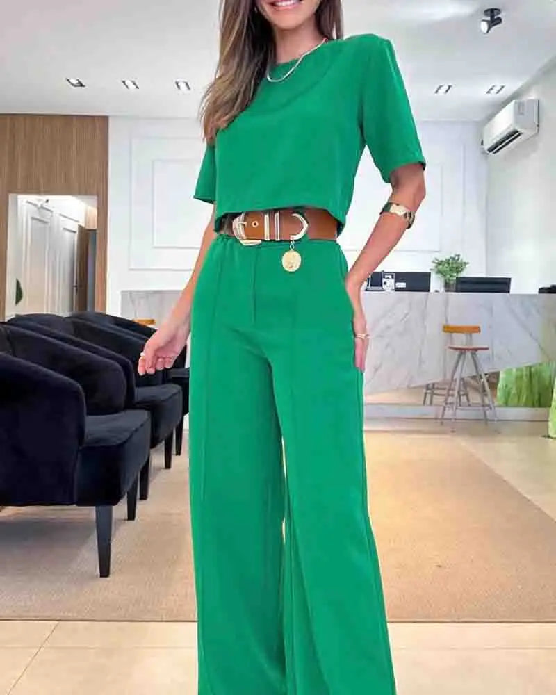 Summer New Temperament Commuter Solid Color Short-Sleeved Suit Pants Fashion Casual Suit Women's Two Pieces Set New In Matching