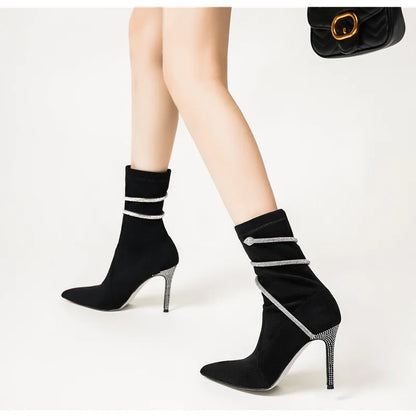 Autumn Winter Fashion Faux Suede Snake Coiled Women Boots Luxury Crystal Stiletto High heels Ankle Boots Shoes Botas Mujer