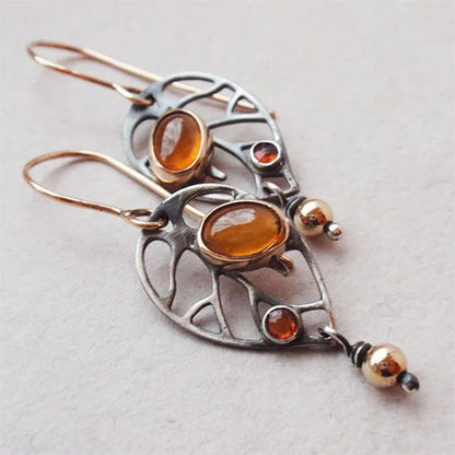 1Pair Gypsy Retro Old Ancient Silver Plated Hollow Metal Orange Yellow Stone Dangle Earrings For Women Jewelry
