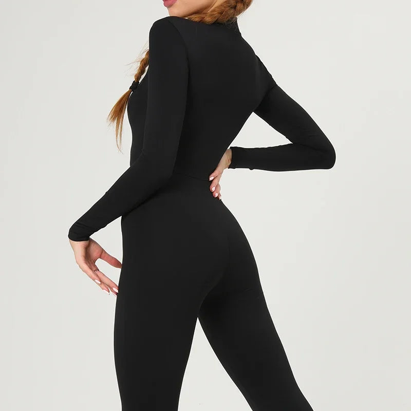 Warm Plush Sports Jumpsuits Women's Tracksuit One-Piece Fitness Suit Winter Gym Sets Long Sleeves Black Exercise Bodysuit Woman - Kimlud