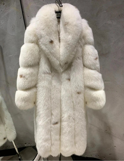 Wholesale Custom Polka Dot Designer Style Warm Fur Outwear Turn-down Collar Full Sleeve Real White Long fox Fur Coat Lady