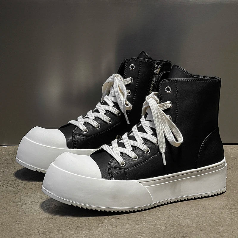 Celebrity Style Black High Top Men Shoes Thick Sole Height Increasing Couple Casual Round Toe High-end Short Boots