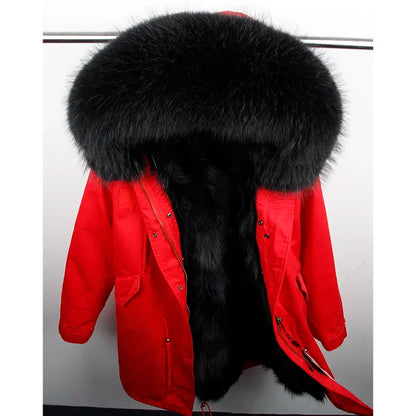Maomaokong Winter Women's Fur Jacket Long Outdoor Tops Real Fox Fur Collar Inner Fur Lining Parka Natural Silver Fox Women Coat