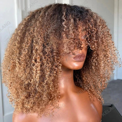 Afro kinky Curly Hair Wig Ombre blonde Brown 100% Human Hair wig Highlights Honey blonde 250% Density Glueless Wig With Bangs